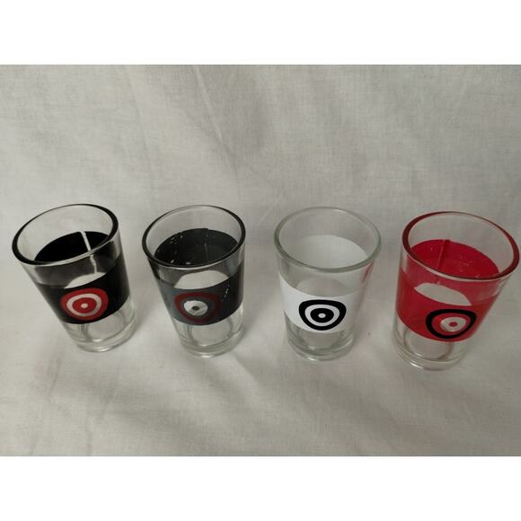 4 BULLSEYE SHOT GLASS SET-CLEAR-RED, BLACK, GRAY & WHITE - GLASS - Picture 2 of 2